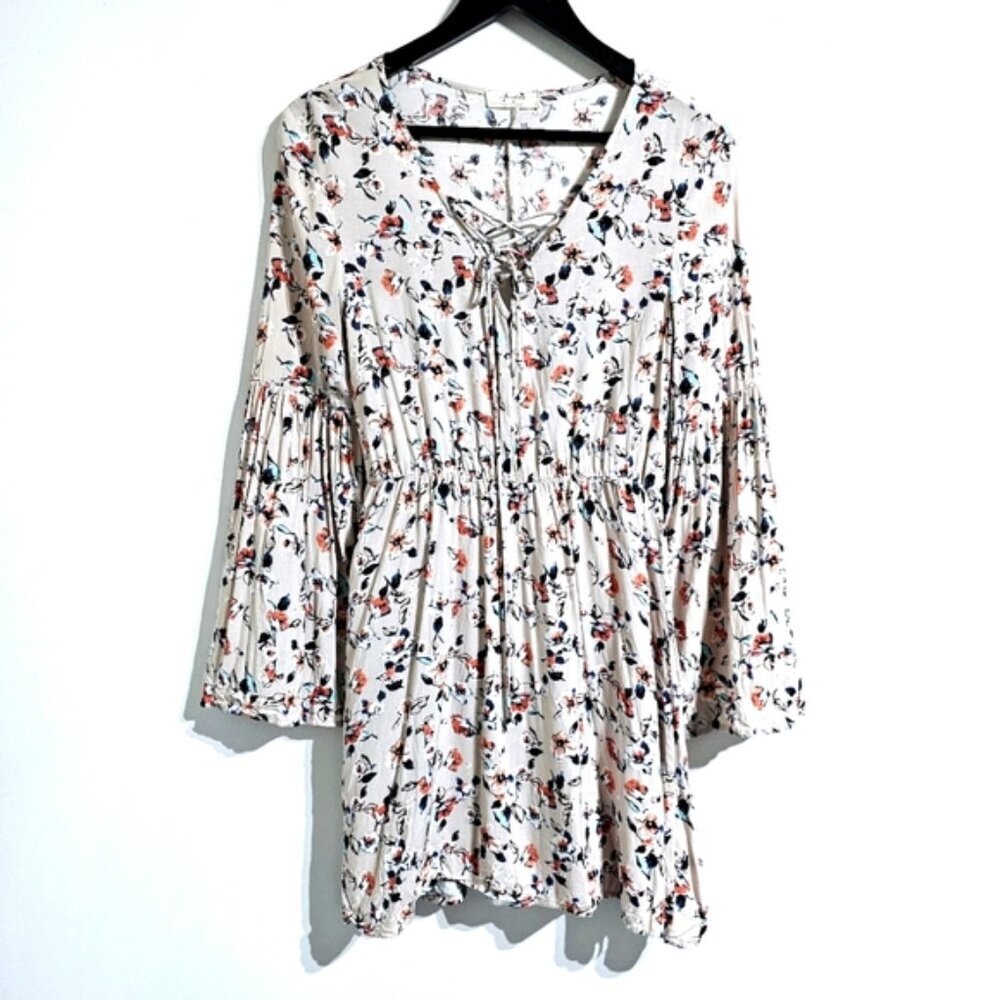 Freebird Small Tan Floral Pullover Drawstring V-neck Lightweight Dress